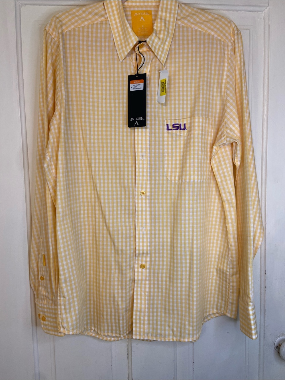 Antigua LSU Yellow Gingham Long-Sleeve Button-Up Shirt med NWT collegiate